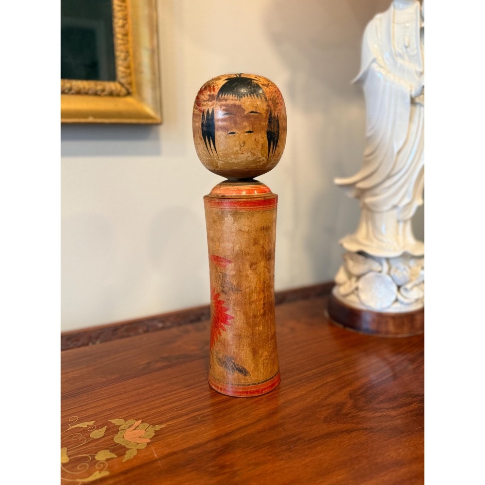 Vintage Signed Japanese Kokeshi Doll 10.5" Hand‎ Painted Wooden Folk Art Figure